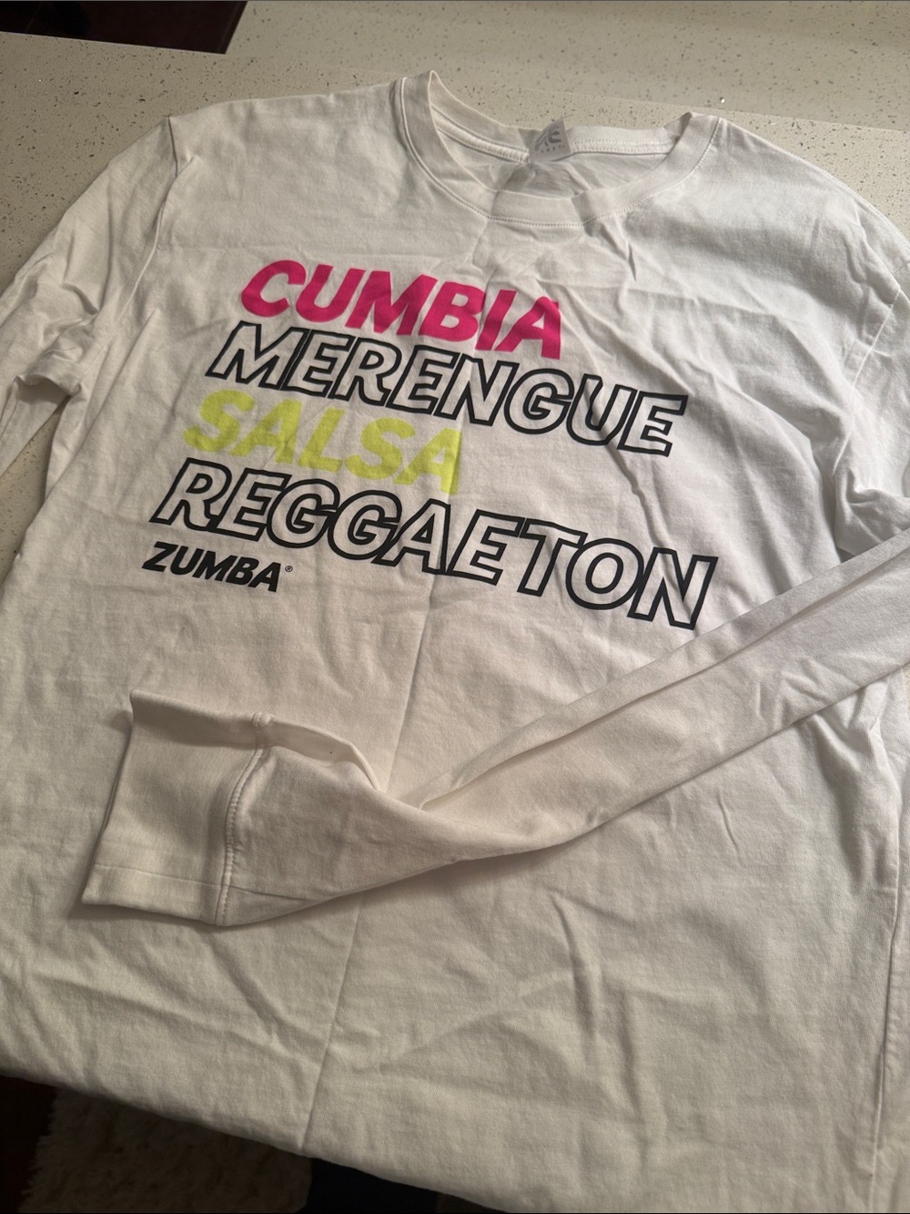 Zumba Fitness White Long-Sleeve Tee with Neon Pink & Neon Yellow Text